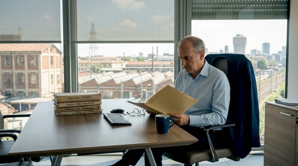 Un avvocato sta esaminando delle pratiche relative al copyright nel suo studio.