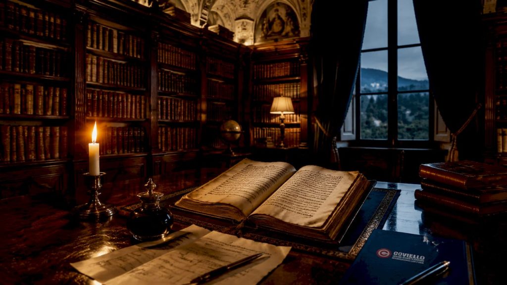 Manoscritto aperto affiancato da strumenti giuridici su una scrivania
