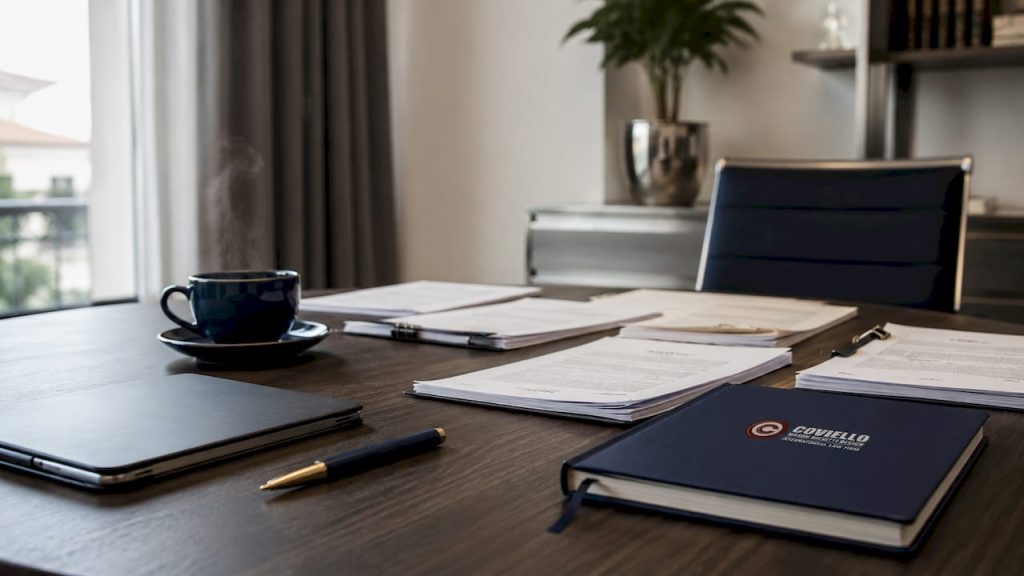 Scrivania di lavoro con documenti legali e computer portatile