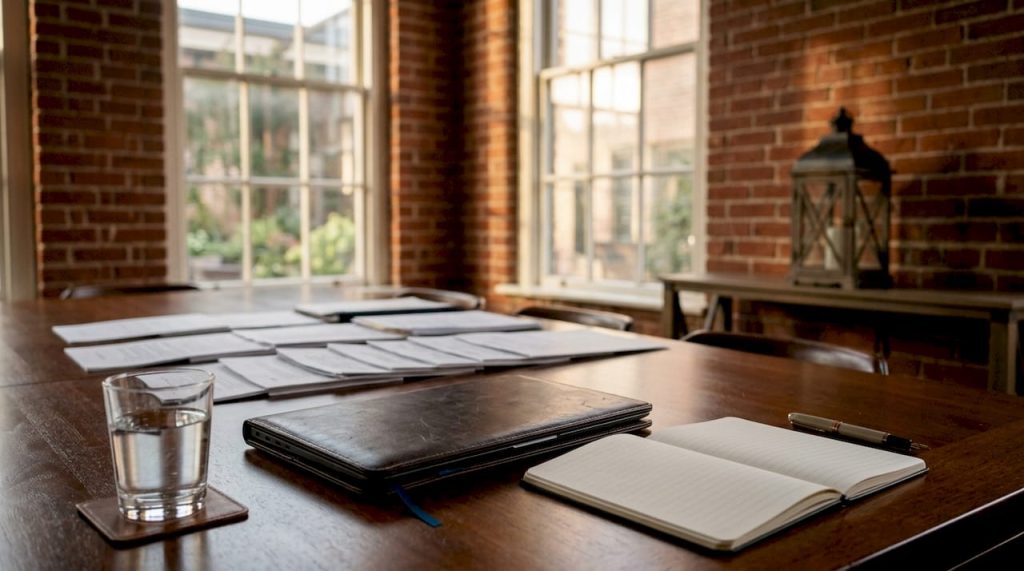 Scrivania di uno studio legale con computer, tablet e fascicoli sparsi tra gli atti.