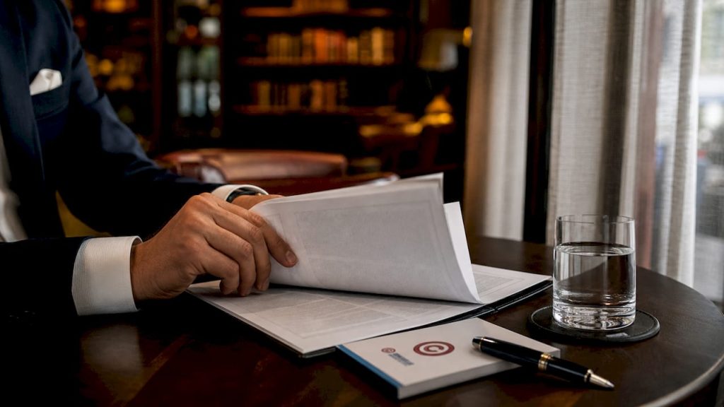 Due mani esaminano attentamente un contratto di licenza del marchio steso sul tavolo.