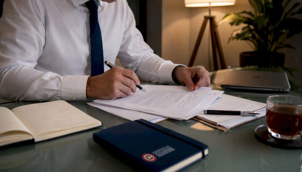 Una mano indica il contratto di licenza del marchio sul tavolo dell’ufficio legale.