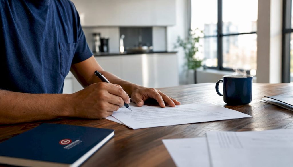 Una stretta di mano accompagna la firma di un contratto importante su una scrivania nello studio legale.