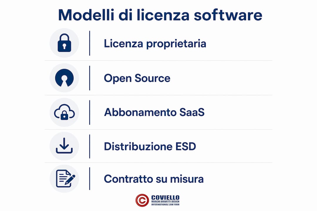 Infografica sulle principali tipologie di licenze software utilizzate a livello internazionale