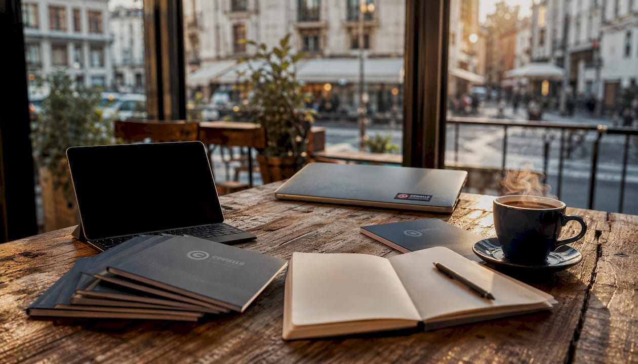 Scrivania in perfetto ordine con dispositivi elettronici e documenti aziendali ben organizzati