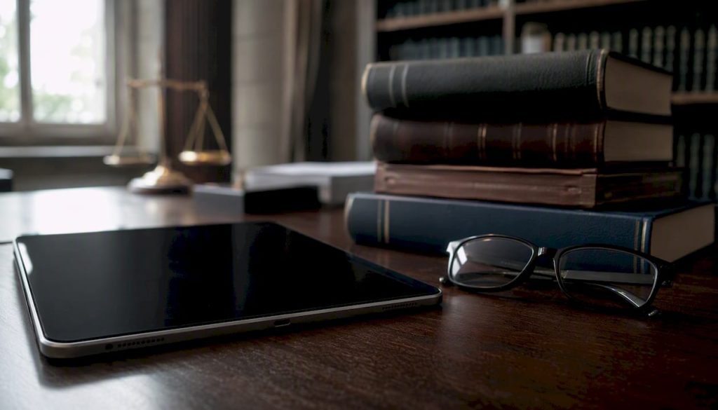 Ambiente di lavoro legale con tablet e volumi giuridici