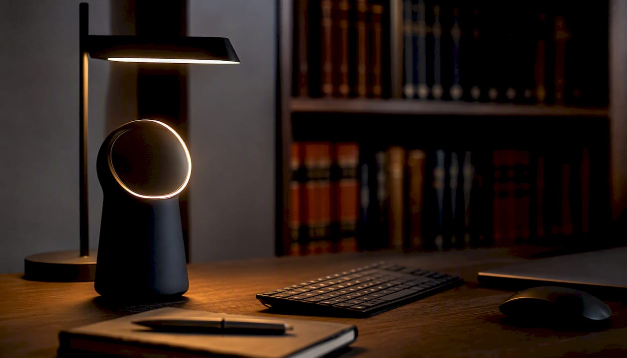 Sagoma di un dispositivo con intelligenza artificiale appoggiata sulla scrivania di uno studio legale.