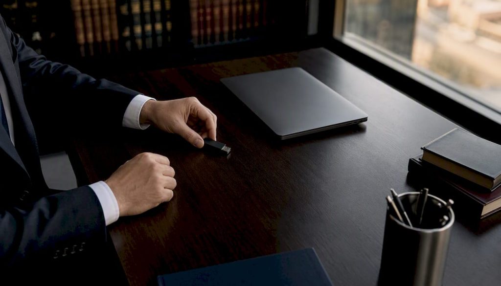 Mani che collegano una chiavetta di sicurezza USB al portatile