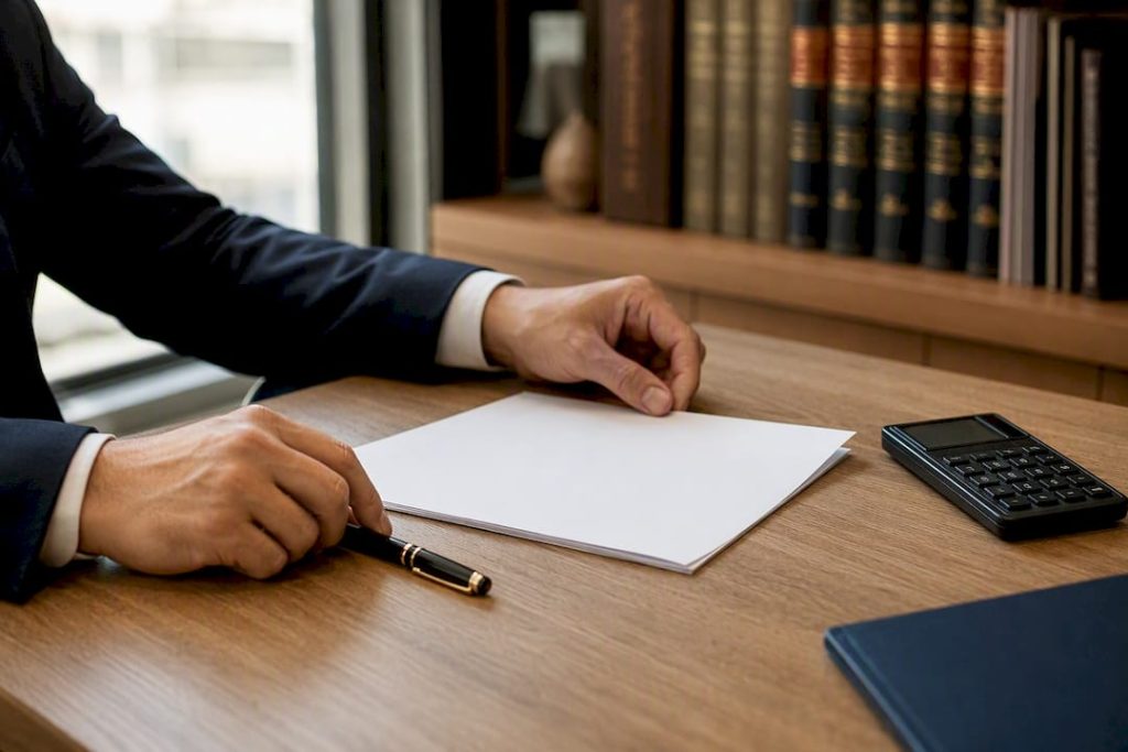 Una mano posa sul tavolo il contratto di arbitrato, pronta a formalizzare l’accordo.