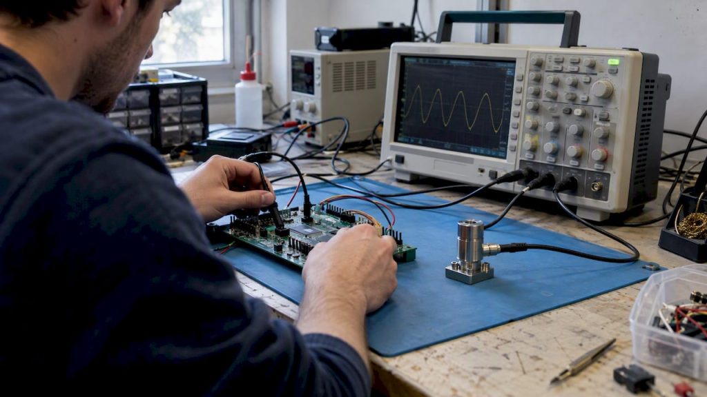 Sensore e circuito in prova su banco di test